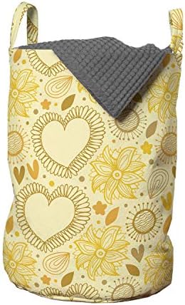 Ambesonne Sarı Çamaşır Torbası, Kalpli ve Çiçekli Çocuksu Doodle Tarzı Kompozisyon Romantik Sevgililer Günü, Kulplu Sepet