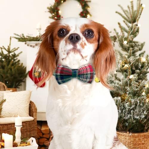 KUDES Noel 2 Paket Ayarlanabilir köpek tasması Yay ve Çan ile, Kırmızı ve Yeşil Ekose Pet Papyon Köpek Noel Tasmaları Küçük