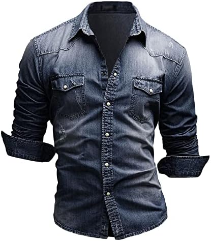 Maiyifu-GJ erkek Uzun Kollu Denim Gömlek Casual Düğme Aşağı Batı Düzenli Fit Gömlek Slim Fit Yıkanmış Jean Gömlek (Koyu Mavi,