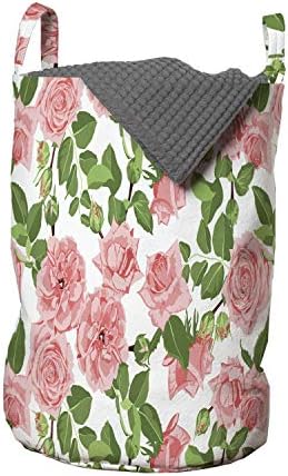 Ambesonne Şakayık Çamaşır Torbası, Tekrarlayan Romantik Vintage Çiçek Yaprakları İllüstrasyon, Çamaşırhaneler için Kolları