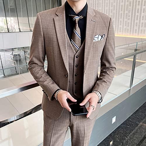 Maiyifu-GJ erkek Ekose 3 Parça Smokin Takım Elbise Kontrol Slim Fit Bir Düğme Blazer Seti Çizgili Resmi Ceket Yelek ve Pantolon