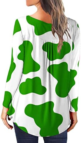 Inek Baskı Gömlek Kadın Üstleri Henley Düğme Tunik Bluz Tayt Rahat Şık Uzun Kollu T Shirt Sevimli Tshirt