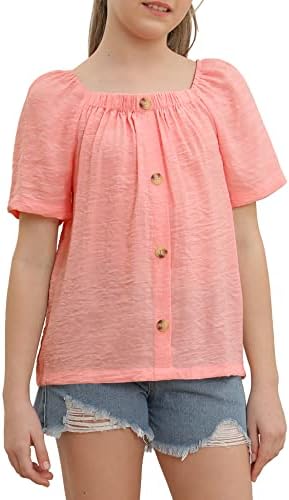 Kızlar Yaz Bluzlar Kısa Kollu Kare Boyun Düğme Aşağı Tee Gömlek Katı Casual Gevşek fit Tops