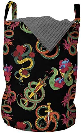 Ambesonne Dragon Çamaşır Torbası, Rengarenk Çiçekler ve Yılanlar Karanlıkta Çeşitli Süslemelerde Toplanmış, Kulplu Sepet