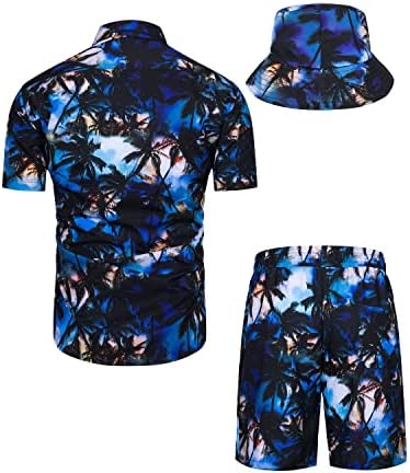 TUNEVUSE Mens Hawaii Gömlek ve şort takımı 2 Adet Tropikal Kıyafet Çiçek Baskı Düğme Aşağı Plaj Takım Elbise Kova Şapka