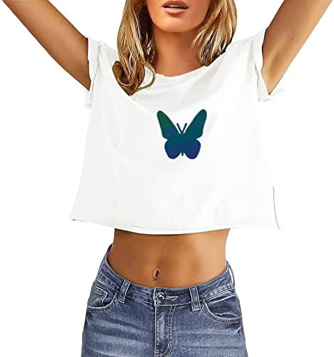 Kadın Uzun Kollu Tee Gömlek Kadın Moda Yansıtıcı Kelebek Baskı Kısa Kollu Tişört Kırpma Üst Tee Gömlek