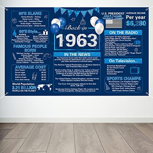 Crenics Mavi Gümüş 60th Doğum Günü Süslemeleri, Vintage Geri 1963 Doğum Günü Backdrop Banner, büyük 60 Yaşında Doğum Günü