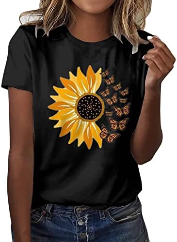 Pamuklu uzun kollu tişört Kadınlar için Ayçiçeği Baskılı O Boyun T Shirt Kadın Gevşek Fit Çiçek Bayan Balıkçı Yaka Uzun