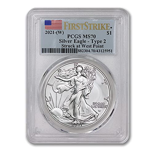2021 (W) 1 oz Gümüş Amerikan Kartalı MS-70 (Tip 2 - West Point Mint Bayrak Etiketinde İlk Vuruş) 1 $ MS70 PCGS