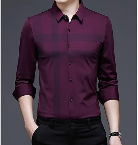 Maiyifu-GJ Erkekler Ekose Kırışıklık Ücretsiz Elbise Gömlek Turn-Aşağı Yaka Düğmesi Aşağı iş gömleği Casual Slim Fit Uzun