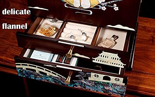 Mücevher Kutusu Mücevher Organizatörü Yüzey Kabuğu Çıkartmaları ve El Boyaması Toz İki Dişi Desen 4 Kat 2 Çekmeceli Aynalı