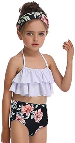 Bebek Kız mayo Küçük Kız Ruffles Çiçek İki Adet Baskı Mayo Mayo bikini seti Toddler Bebek Mayo (Beyaz, 8-10 Yıl)