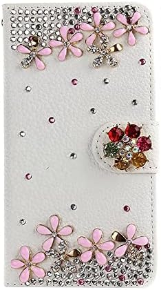 iPhone 14 Plus ile Uyumlu Peri Sanat Kristal Cüzdan Kılıfı - Çiçekler Çiçek-Pembe ve Beyaz-Ekran Koruyucu ve Boncuklu Telefon