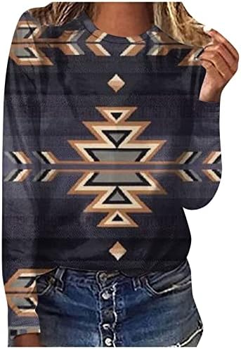 Vintage Gömlek Kadınlar için Rahat Aztek Etnik Tarzı Baskılı Tees Batı Uzun Kollu Geometri Grafik Bluz Tops