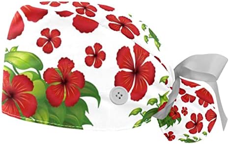 2 Adet çalışma kapağı Düğme ile Ter Bandı, Kırmızı ebegümeci çiçekleri Yeşil Yapraklar Fırçalama Şapka At Kuyruğu Tutucu