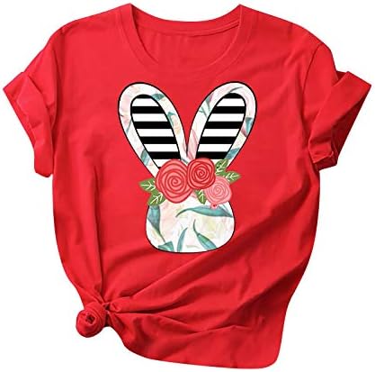 Paskalya T Shirt Kadınlar için Sevimli Tavşan Baskılı Kısa Kollu Tee Üstleri Crewneck Casual Gömlek 2023 Yaz Bluzlar