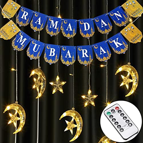 Ev için Ramazan Dekorasyonu, Ramazan Yıldız Ay Perde Dize ışıkları 138 LED ve Ramazan Mübarek Afişi, Uzaktan 8 Modlu USB