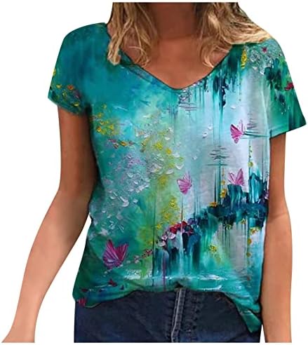 Yaz V Boyun T Shirt Kadın Kısa Kollu Gömlek Sevimli Baskılı Tişörtleri Bluz Casual Tops Gevşek Fit Grafik Tees
