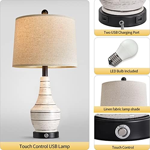 USumkky yatak odası lambaları 2'li Set, Komidin için USB bağlantı noktalarına Sahip 3 Yollu Kısılabilir Seramik Rustik lamba,