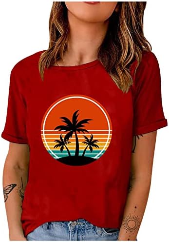 Güneş T-Shirt Kadın Kısa Kollu Crewneck Plaj Hindistan Cevizi Ağaçları Grafik Gömlek Bahar Tatil Tee Tops