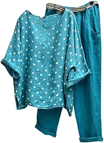Tatil Kıyafetleri Kadınlar için Pamuk Keten 3/4 Kollu Gömlek Bluz ve Geniş Bacak Pantolon Rahat Polka Dot Plaj Kıyafetleri