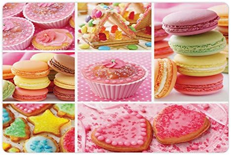 Yiyecek ve Su için Lunarable Renkli Pet Mat, Cupcakes Kolajı Macarons Bisküvi Lezzetli Tatlılar Şekerler Kalp Şeklinde Kekler,