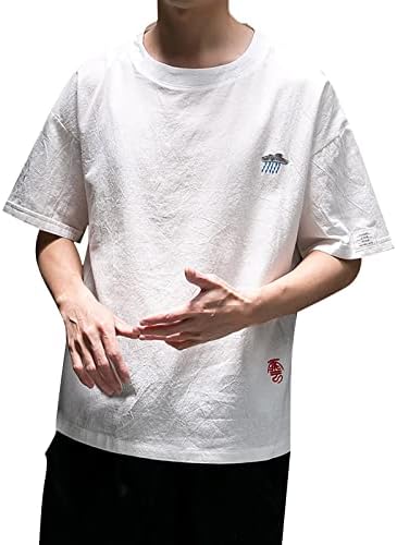 2023 Yeni erkek Katı Ekip Boyun Kısa Kollu Keten Pamuk T Shirt Yaz Tee Gömlek Erkekler için