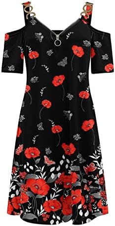 ıCODOD Elbise kadın 2023 Yaz Soğuk Omuz Kısa Kollu Elbise V Boyun Fermuar Çiçek Baskı Plaj Elbiseleri Kadınlar için