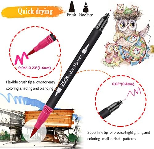 ZSCM Duo İpucu Fırça Boyama Kalemleri, 60 Renk sanat belirteçleri,Çocuklar yetişkinler için ince ve fırça uçlu kalem Boyama
