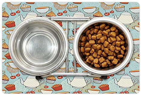 Lunarable Çay Partisi Pet Mat Yiyecek ve Su için, Retro Tarzı Nefis Kek Kurabiye Demlik Lezzetli Çay Saati Nostaljik İllüstrasyon,