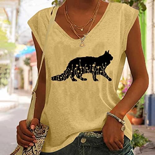 Yaz Kolsuz Gömlek Kadın V Yaka Tankı Üstleri Çiçek Kedi Baskı T-Shirt Grafik Tees Casual Gevşek Tunik Bluzlar