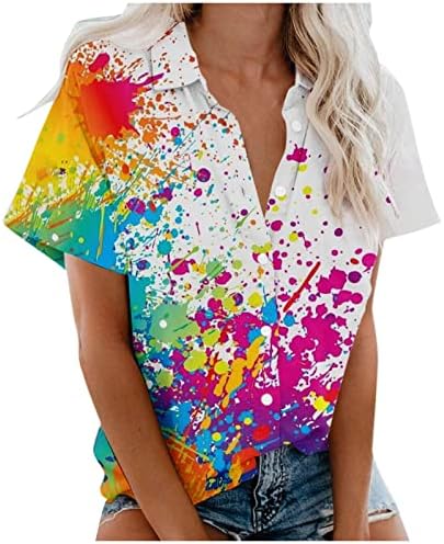 Genç Kız T Shirt Kısa Kollu Düğme Gömlek Kravat Boya Tshirt Çiçek Grafik V Yaka Tişörtleri Casual Gevşek Fit Bluz