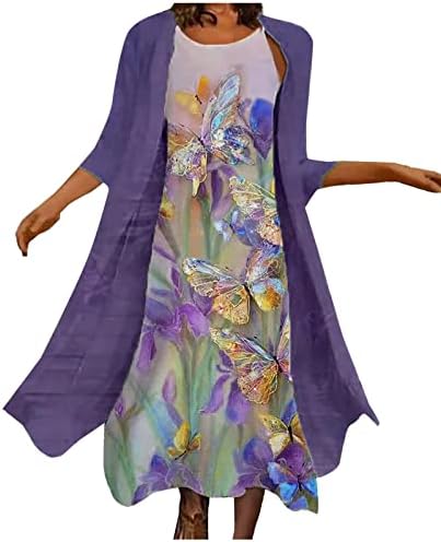 Kadınlar için iki Parçalı Kıyafetler Kolsuz Çiçek baskılı uzun elbise Hırka Gevşek Casual Ekip Boyun Flowy Maxi Elbise