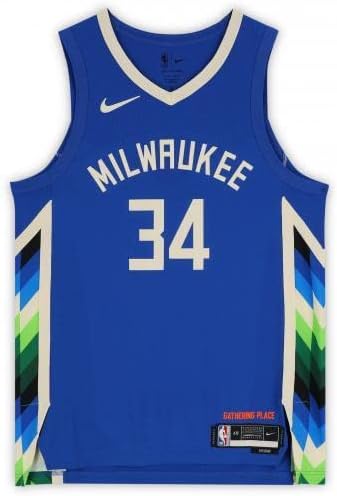 Çerçeveli Giannis Antetokounmpo Milwaukee Bucks İmzalı Mavi Nike 2022-2023 City Edition Otantik Forma İmzalı NBA Formaları