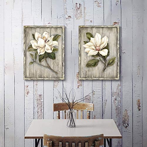 TAR TAR STUDİO Beyaz Çiçek Manolya Tuval Duvar Sanatı: Banyo Oturma Dekoru için Ahşap Arka Plan Tuvali Üzerinde Çiçek Açan