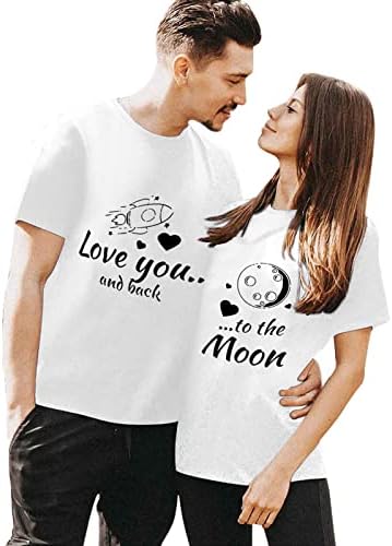 Sevgililer Günü Eşleştirme Tees Çiftler için Aşk Kalp Baskı Kısa Kollu Tunik Üstleri Bay ve Bayan Tee Gömlek Moda Bluz