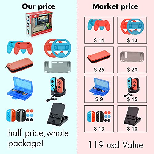 Nintendo Switch için Aksesuar Seti Paketi,Joy Con Kapakları,Kulplar, Tekerlekler ve Thumbstick Kapakları, Taşıma Çantası