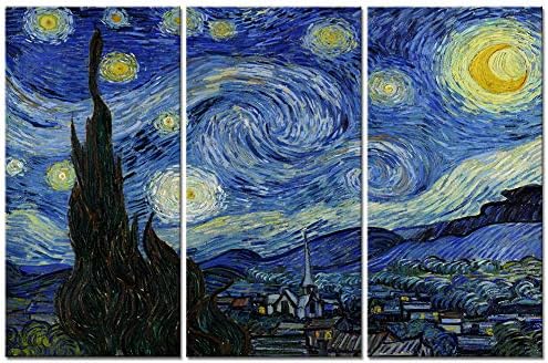 ıKNOW FOTO Büyük 3 Panel Tuval Boyama Duvar Sanatı Yıldızlı Gece Van Gogh tarafından Ünlü Yağlıboya Üreme Modern Giclee Tuval