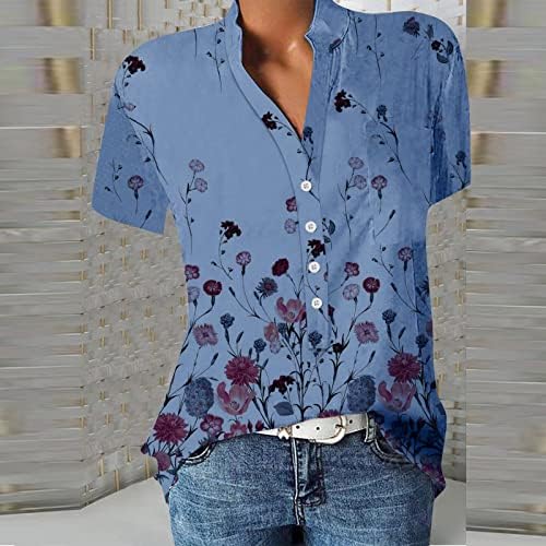 Kadınlar için Casual Bluzlar Çiçek Düğme Aşağı V Boyun Kısa Kollu Cep Rahat Rahat Günlük T-Shirt Zarif Üstleri