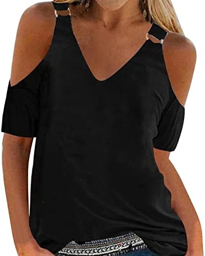 Soğuk Omuz T Shirt Kadın V Boyun Kısa Kollu Tee Üstleri Düz Renk Zincir Kayış Gömlek 2023 Yaz Bluzlar