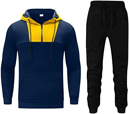 2 Adet Eşofman erkek Yaka Fermuar Colorblock Kazak Ceket Kapşonlu Spor Ceket Kazak Üst + Pantolon seti