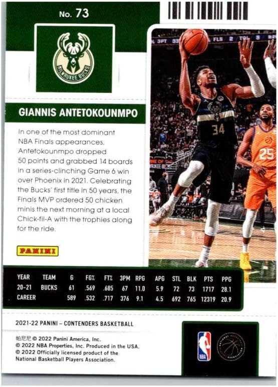 2021-22 Panini Yarışmacıları 73 Giannis Antetokounmpo Milwaukee Bucks Ham (NM veya Daha İyi) Durumda Resmi NBA Basketbol