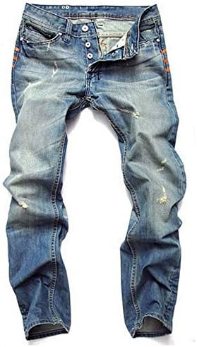 Erkek Vintage Sıkıntılı Yırtık Kot Retro Delik İnce Yıkanmış Denim Pantolon Sıska Düz Bacak Jean Pantolon (Açık Mavi, 34)