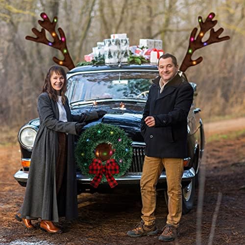 Tallew Noel Araba Boynuzları Süslemeleri Seti led ışık Çelenk Ren Geyiği Dekor Burun Kuyruk Kırmızı Yay Dekoratif SUV ızgarası