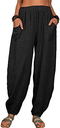 DGHM-JLMY kadın Gevşek Pamuk Keten harem pantolon Moda Katı Baggy rahat pantolon Yüksek Bel Yoga Boho cepli pantolon