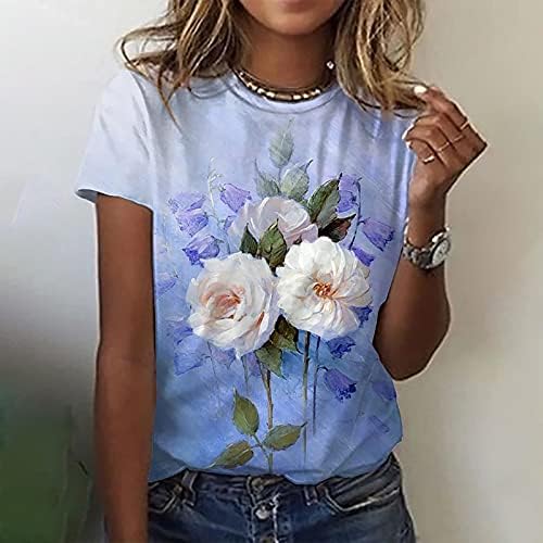 Çiçek Baskı Kadınlar için Kısa Kollu T Shirt Ekip Boyun Casual Egzersiz Gömlek Vintage Grafik Boho Tees 2023 Moda