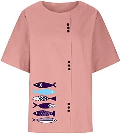 Kadın Pamuk Keten Yaz Üstleri Artı Boyutu Kısa Kollu Tunik Gömlek Sevimli Balık Baskı T-Shirt Rahat Gevşek Düğme Bluz