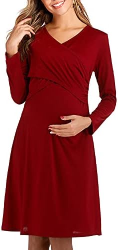 Wenını Sonbahar hamile elbisesi - Kadınlar için Uzun Kollu Elbise Hamile V Boyun Elbise Moda Hamile Hemşirelik Elbise Gecelik