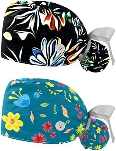 2 Paket Fırçalama Kap Kadın Düğmeleri ile, Ayarlanabilir Elastik Kravat Geri Kafatası Şapka, Çiçek Kabarık Cerrahi Kapak