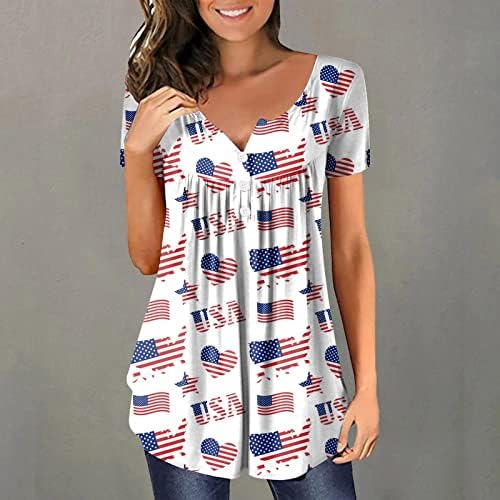 4th Temmuz ABD Bayrağı Tunikler Kadınlar için Karın Gizleme T Shirt Yaz Rahat Tatil Kısa Kollu Düğme V Yaka Bluzlar